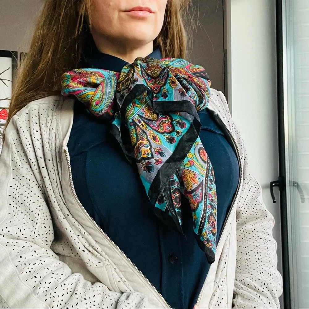 Vintage Genuine Silk Paisley Rainbow Rolled Hem Long Rectangular Women Men Scarf